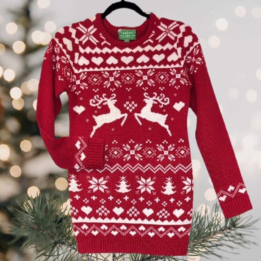 Happy Holidays Nordic Christmas Sweater Dress Long Sleeve Knit Girls Size 10 12